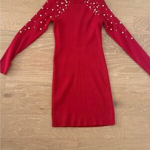 I.N. San Francisco Red Long Sleeve Dress with Pearl Accents